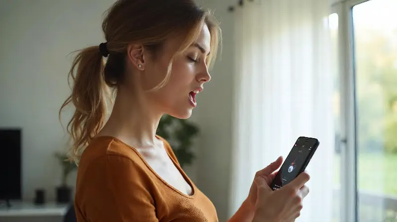Une femme chante une note dans son salon en regardant l'aiguille d'un accordeur sur son téléphone