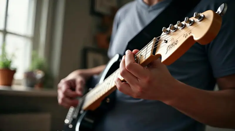Un guitariste joue sur une guitare électrique noire à manche clair, chez lui, près d'une fenêtre