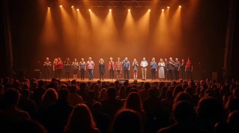 Une vingtaine d'artistes alignés sur une grande scène, micros en main, face au public d'une salle de concert
