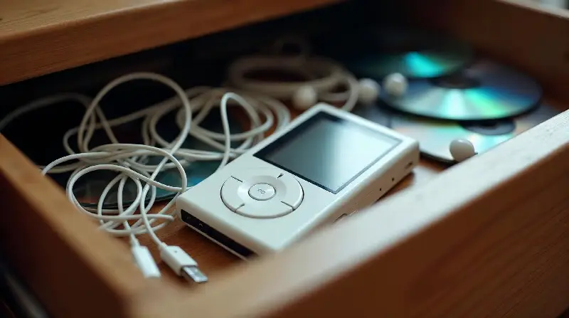 Vieux baladeur MP3 blanc à molette et ses écouteurs filaires dans un tiroir, à côté de CD gravés