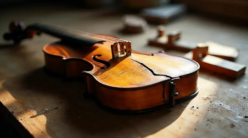 Vieux violon à la table fendue sur l'établi d'un luthier, un serre-joint sur l'éclisse et d'autres posés à côté