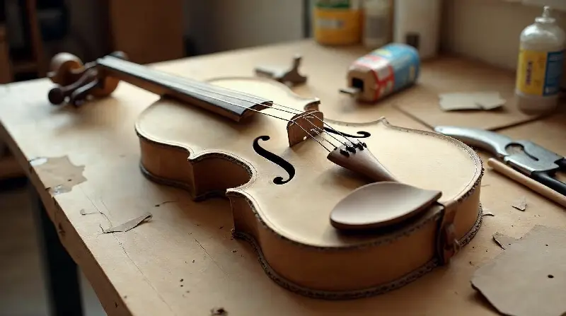 Violon fabriqué en carton ondulé, avec cordes et chevalet, posé sur un établi parmi des chutes de carton, un cutter et de la colle
