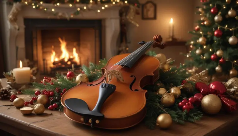 Violon posé parmi des boules et des guirlandes de Noël, devant une cheminée allumée