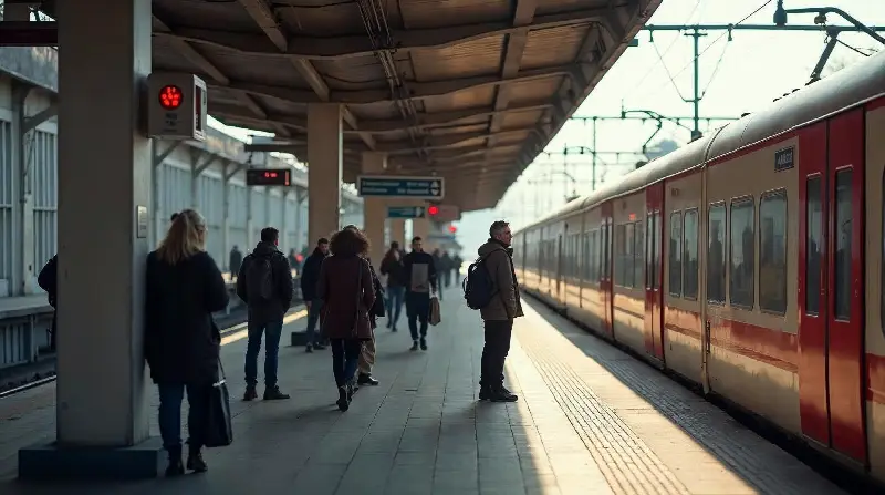 Voyageurs sur un quai de gare couvert, à côté d'un train régional rouge et crème