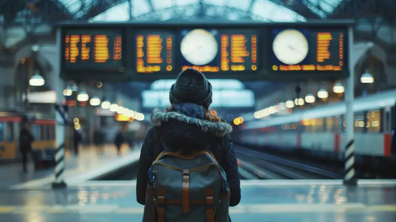 Voyageuse de dos sur un quai de gare, face aux tableaux des départs et aux horloges