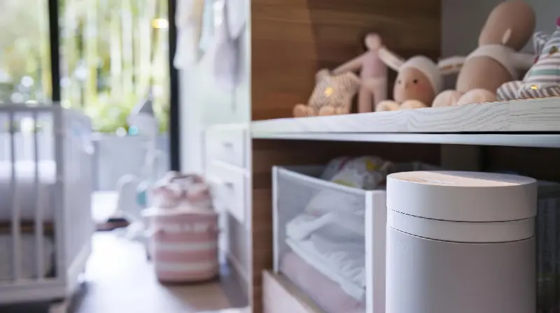 Appareil blanc à bruit blanc posé sur une étagère de chambre d'enfant, le lit de bébé au loin
