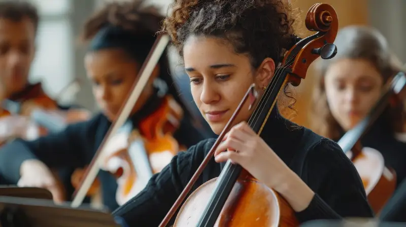 Jeune violoncelliste en répétition d'orchestre, entourée d'autres musiciens à cordes